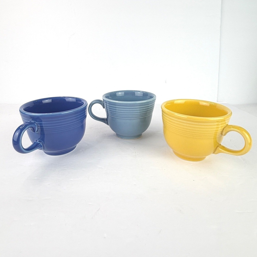 Fiesta Ware Ceramic Coffee Cups Mugs Set of 3 Cobalt Blue Periwinkle Yellow